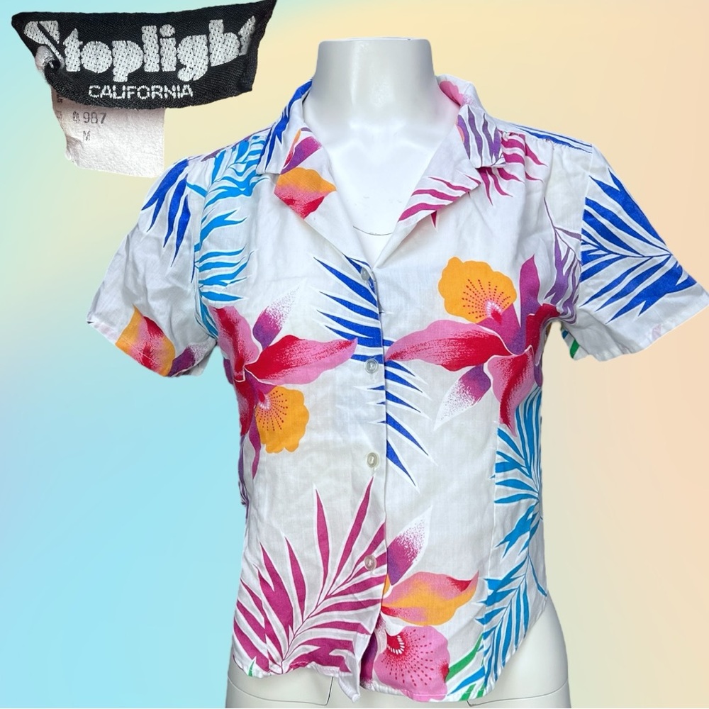 VTG 90's STOPLIGHT California White Colorful Floral Print Vacation Button Down M